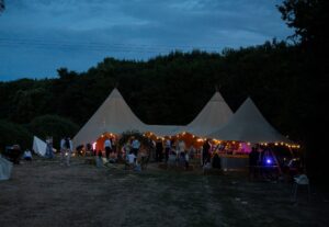 Evening view of Tipi used at Holly & Dan's Wedding held at East Mersea Hall, Essex